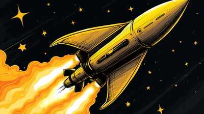 Rocketship blasting off into space, surrounded by stars.